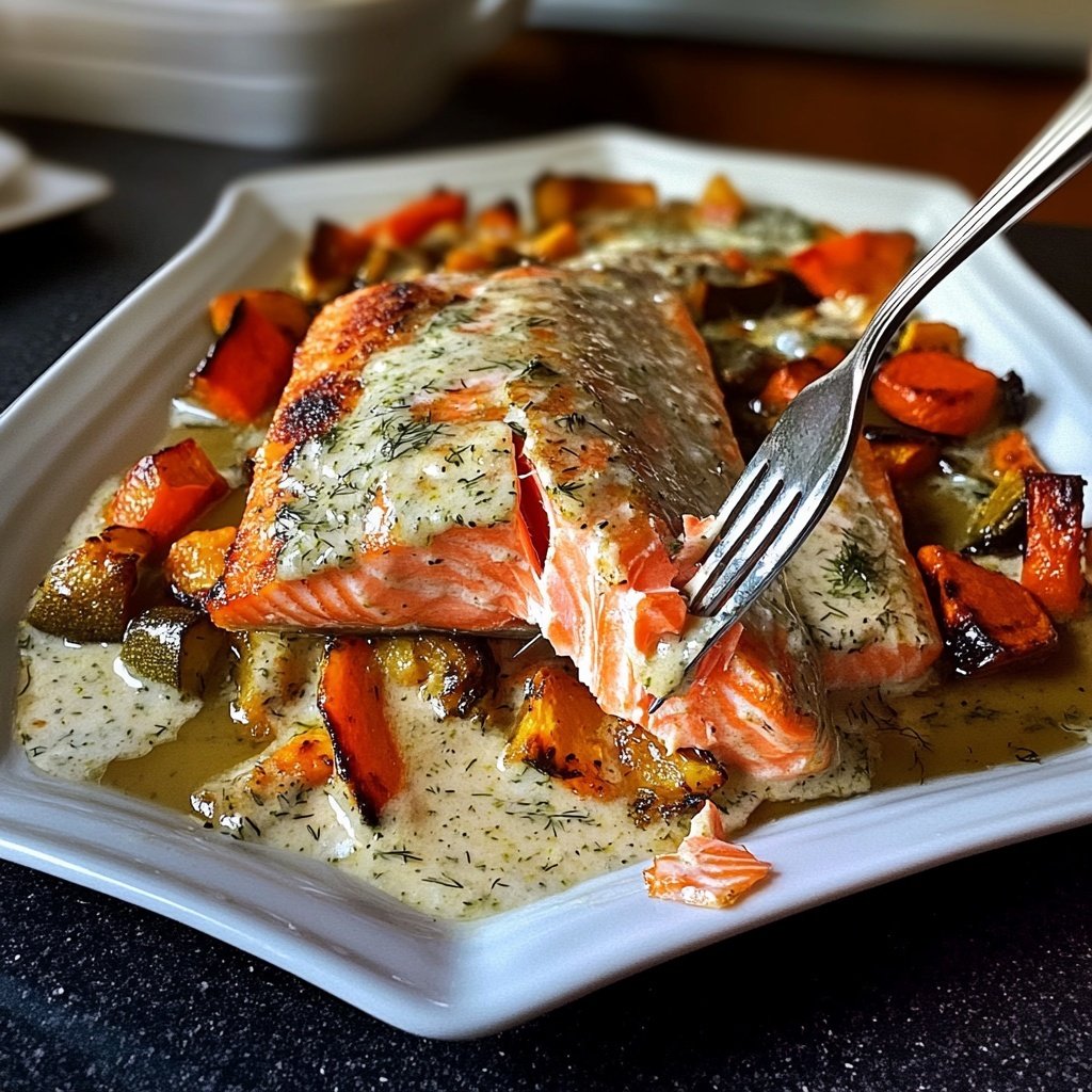 Lachs mit Ofengemüse & Zitronen-Dill-Sauce