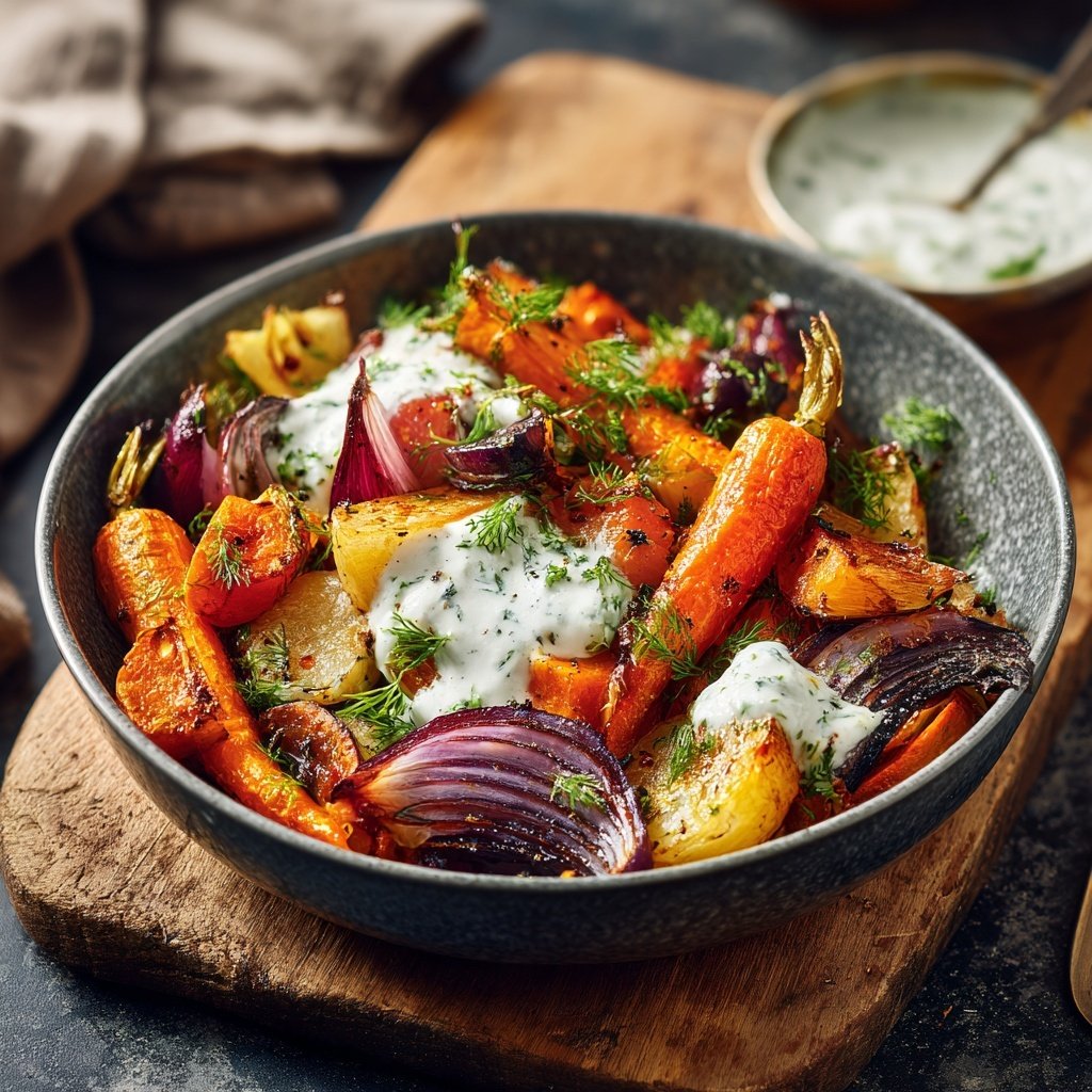 Abendessen mit Ofengemüse und Kräuterjoghurt