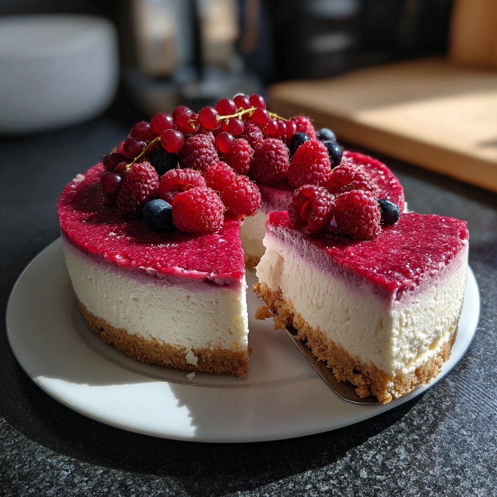 Cheesecake mit rosa Himbeerschicht